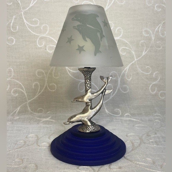 Vintage Dual Ocean Dolphin Tealight Holder Cobalt Blue MCM Glass Base - Picture 5 of 8